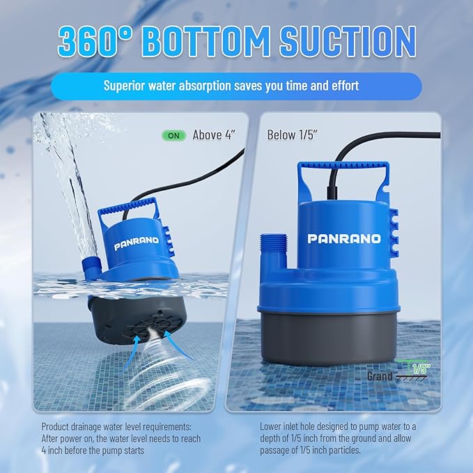 1/3 HP Submersible Water Pump 2000 GPH Portable Small Sump Pump For Pool Cover, Basements, Puddles, Gardens Ponds With 16.4 Ft Power Cord and Hose Adapters, Blue