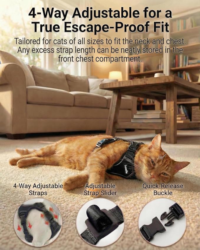 Luxelle Escape-Proof Cat Harness and Leash Set – Adjustable No Pull Soft Vest with 360° Reflective Straps, Built-in Pocket & Wrist Strap, Breathable Mesh Outdoor Harness for Cats & Kittens