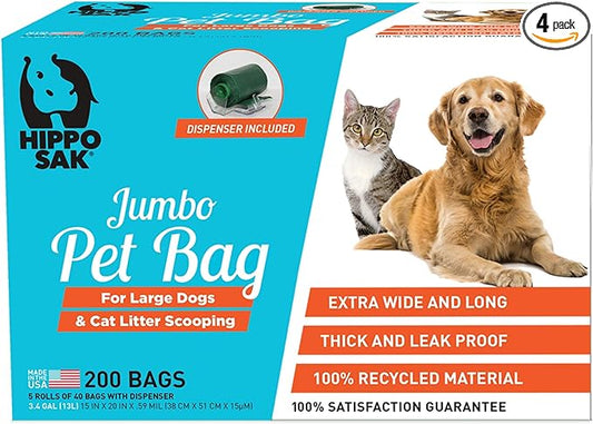 Hippo Sak® Extra Large Pet Poop Bags with Dispenser, 200 Count, for Large Dogs and Cat Litter Scooping (200)