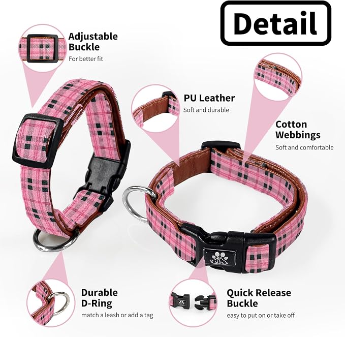 NESTROAD Dog Collar and Leash Set,Soft Neoprene Pet Collar with Quick Release Buckle,Adjustable Nylon Dog Collars for Small Medium Large Dogs(Large,Cherecked Pink)