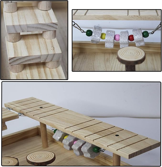 Hamiledyi Dwarf Hamster Activity Playground Natural Wood Gerbil Climbing Platform Mice Living Gym System Set Syrian Exercise Cage Accessories with Lava Stone String Chewing Toy Ladder Bridge Ramp