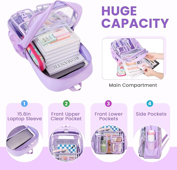 MUSEVOS Clear Backpack for School, Heavy Duty Clear Bookbag for Girls Boys Transparent Backpack with Badge Holder, Purple
