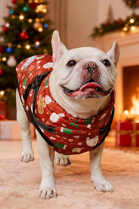 Aiboria Dog Jacket Windproof Fleece Dog Sweater with Padded Vest Chest Strap Harness Dogs Coat Christmas Red M