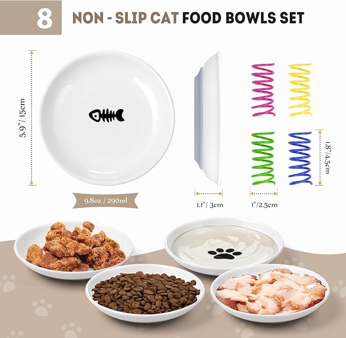Cat Bowls for Indoor Cats, 8 Anti Whisker Fatigue Cat Food Bowl, No Spill Cats Dishes for Food and Water, Ceramic Kitten Bowls Shallow Wide Plates for Pets, Non-Slip Base, with 4 Spring Toys