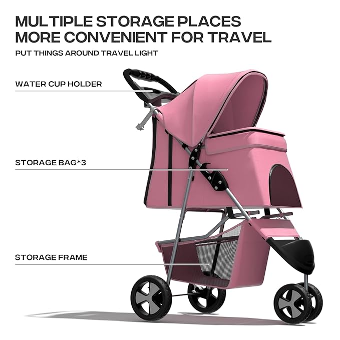 Pink Dog Stroller for Medium Dogs 30 lbs Pet Stroller for Small Dogs Cat Strollers for 2 Cats, 3 Wheels Foldable Jogger Puppy Stroller with Storage Basket and Cup Holder, Pink