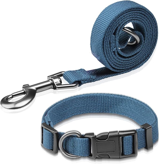 Peacock Blue Dog Collar and Leash Set for Medium Dogs Soft and Breathable of 90% Rayon from Bamboo and 10% Polyester Comfortable Skin-Friendly, Adjustable Leash Set with Quick Release Buckle