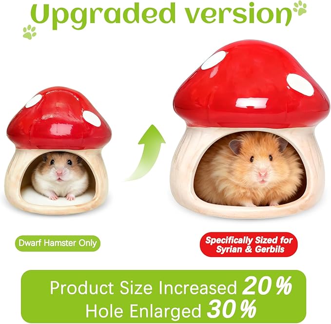 BNOSDM Ceramic Hamster Hideout and Food Bowl Set Cute Mushroom Shape Hamster House and Habitat Cool Hamsters Hide Suitable for Syrian, Mice, Dwarf Hamsters, Gerbils (Red)