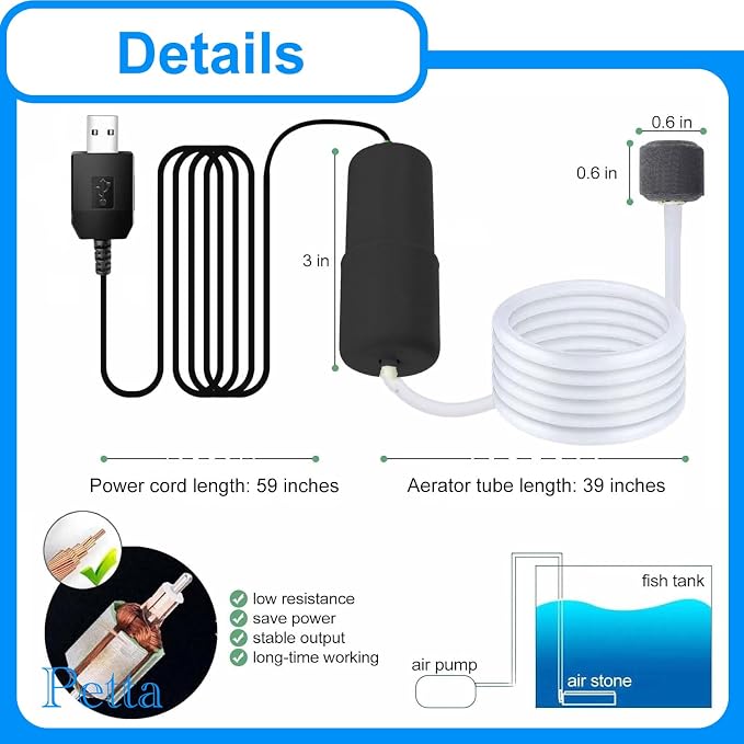 USB Oxygen Air Pump for Aquarium, Quiet Mini Air Pump with 1 Sponge Filter, 1 Air Stone for Shirmp Nano Fish Tank & Transporting Aquatic PA152-1