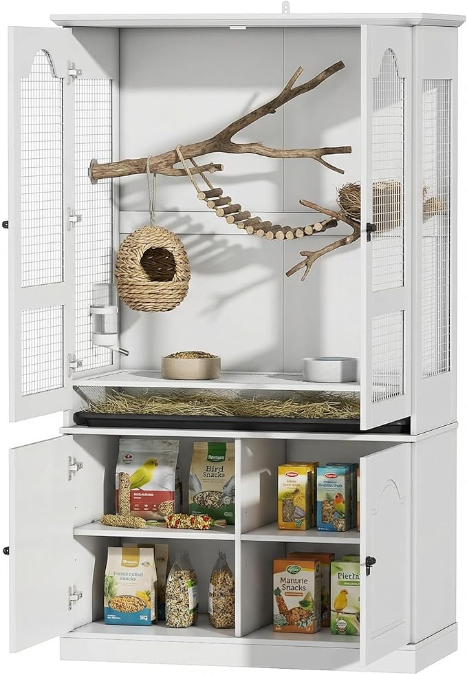 Large Bird Cage with Adjustable Storage Cabinet, White Flight Parakeet Parrot Cage with Pull-Out Tray and 3-Side Iron Mesh Design, DIY-Friendly, Tall Wide Bird Cages for Cockatiels, Finches
