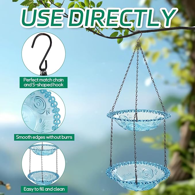 Bird Bath Hanging Seed Feeder Garden Plate Hanging Tray for Wild Backyard Attracting Birds (Blue-Doulbe Bath)