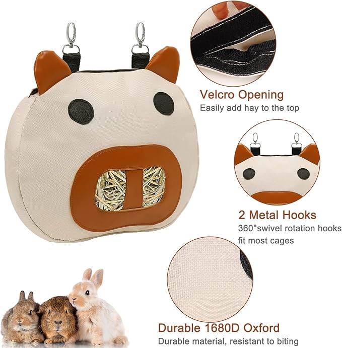 Rabbit Hay Feeder Bag, Hay Feeder for Guinea Pig Timothy Hay Feeder Dispenser Storage with 2 Hanging Hooks for Bunny Small Animal Cage Mess Free (Brown)