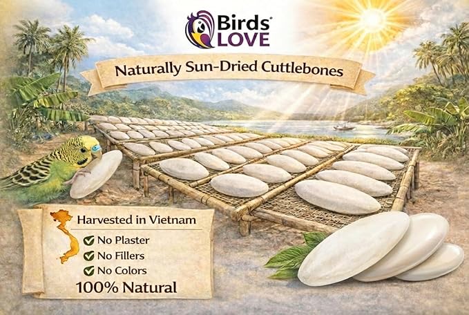 Birds LOVE 5.5-6″ Cuttlebone for Birds – 100% Natural Sun-Dried Calcium & Beak Conditioning Supplement for Parakeets, Budgies, Cockatiels, Finches & Canaries – 2 Pack with Holder – Made in Vietnam