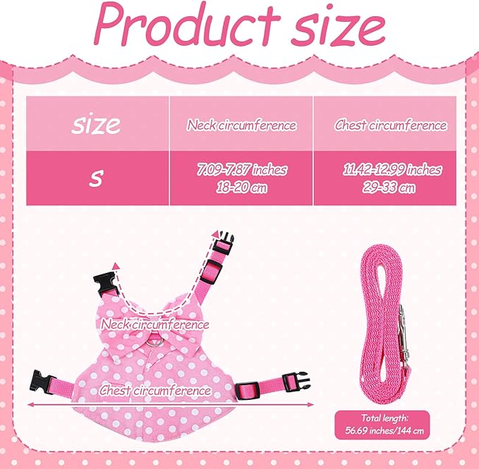 Bunny Harness and Leash Set, Escape Proof, Soft Breathable Mesh Rabbit Leash Vest with Safety Buckles, Pink Wave Point Breathable Bunny Clothes, Outfits for Outdoor Training Camping, Pink, S