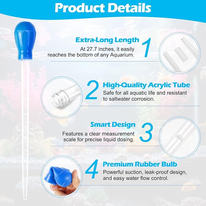 27.7in Extra Large Turkey Baster Long Pipette for Aquarium, Blue | 50ml Plastic Turkey Baster for Aquarium Vacuum, Siphon for Fish Tank Water Changer, Easy to Clean, Versatile