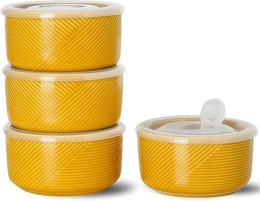 Ceramic Bowls with Lids: 20 oz Microwave Safe Food Storage Containers for Soup, Salad, Cereal, Leftovers, Meal Prep, Lunch, Picnic, Camping, Serving - Airtight, Yellow, Set of 4