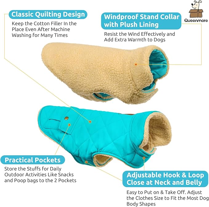 Queenmore Warm Dog Coat, Cold Weather Puffer Dog Coat Vest, Quilting Winter Pet Jacket Ultra Thick Plush Fleece Lining Pet Clothes for Dogs with Storage Pockets (Light Blue, Medium)