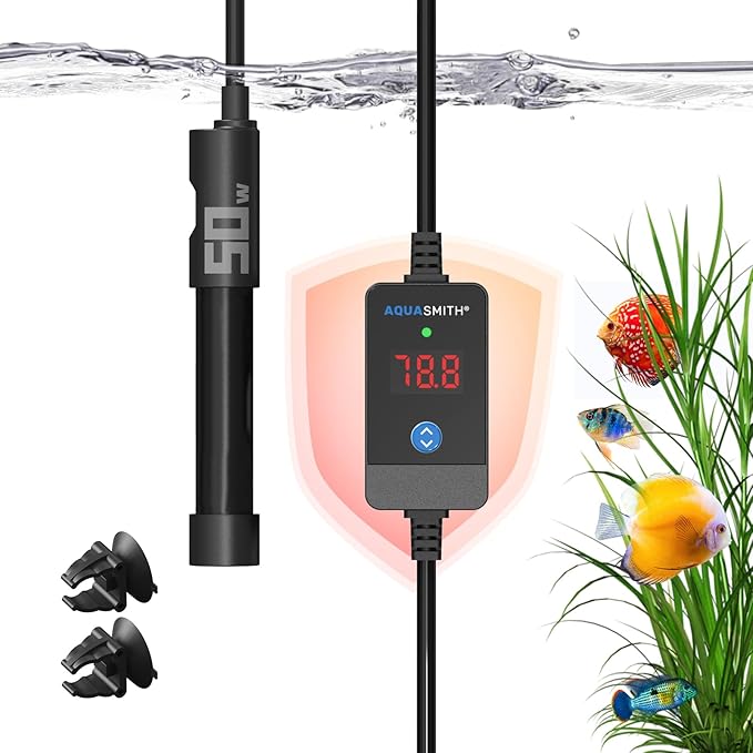 AQUASMITH 50W Aquarium Heater Precise Control Fast Heat Auto Off Anti Dry Burn 0-4Gal Tank | External LED precise temp control, fully submersible installation, explosion-proof tube for fresh & salt water