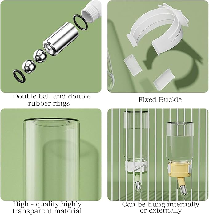 Hamster Water Bottle for Glass Tanks & Wire Cages - Dual Ball-Bearing & Dual Silicone Gaskets Leakproof Design (2 Stainless Steel Balls) 4.06oz - Fits Hamsters/Mice Under 250g