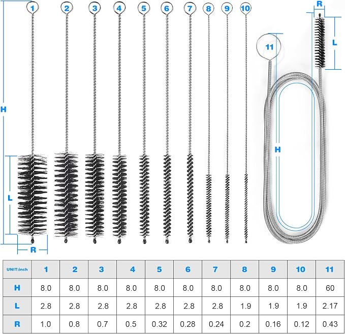 Ixiaoyoo 11 Pcs Cleaning Brushes Set, 8 Inch + 60 Inch Cleaner Brushes | Black Nylon Brushes Kit for Bottles, Tumbler, Sippy Cups, Pet Waterers, Drinking Straws, Pipes, Sink Drain, Fish Tank, Hose