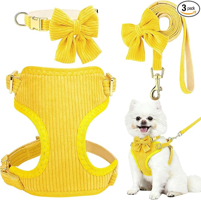 Small Dog Collar Harness and Leash Set, Dog Harness no Pull with Bowtie, Breathable Cotton Adjustable Pet Puppy Harness, Easy Walk Dog Harness, S(14–18.9")
