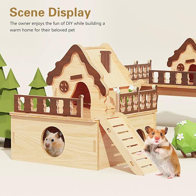 Wooden Hamster Platform and Dwarf Hamster House,Cute Syrian Hamster Tiny House Hideout,Large Balcony Lookout Holes,for Dwarf Gerbils and Mouse Mice Rat Other Small Animals(A)