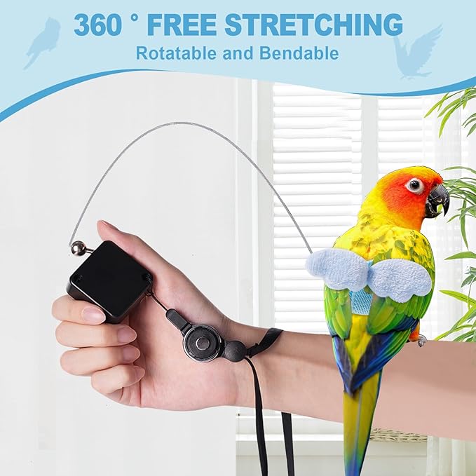 Retractable Bird Harness and Leash, Parrot Harness with Wing Design, Anti-Bite Bird Flight Training Rope for Budgies, Cockatiels, Mini Macaws (Blue)