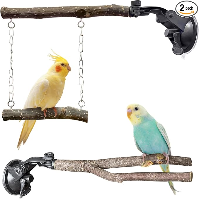 BNOSDM 2 Pcs Bird Perch Stand, Parrot Wood Perch with Strong Suction Cup, Movable Perches Stand Bird Training Set, for Window Shower Bathroom Ceramic Tiles for Parrots, Parakeets, Budgies, Lovebirds