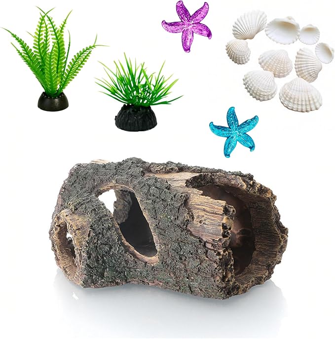 Fish Tank Decoration Set Resin Tree Trunk Hide Cave Aquarium Decoration | Betta Fish Tank Decor Artificial Starfish Some Artificial Shells Plant Ornaments Aquarium Accessories Decorations, Small