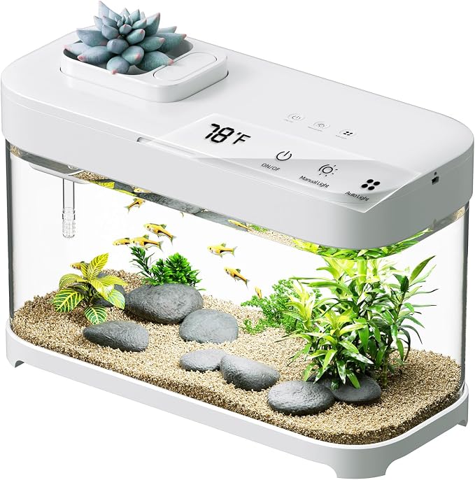 3 Gallon Fish Tank Starter Kit with Hidden Filtration Light Smart Acrylic | Temperature Monitor, 8 Color Lighting, Self-cleaning, Round Corner, Rimless, for Betta Shrimp Guppy, White, Detachable Lid