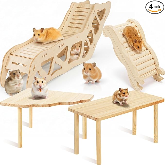 BreezeHug 4 Pcs Hamster Platform Hideout Wooden Tunnel Ladder Playhouse Hamster Game Climbing Toy with Platform Cage Accessories for Pets Dwarf Syrian Mice Degus Gerbils Squirrel(Tunnel)