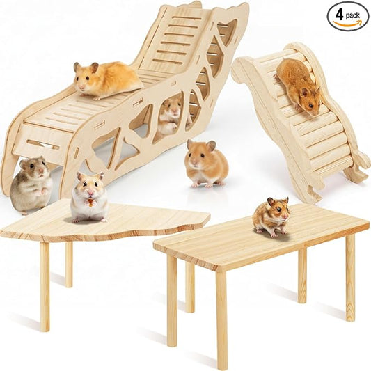BreezeHug 4 Pcs Hamster Platform Hideout Wooden Tunnel Ladder Playhouse Hamster Game Climbing Toy with Platform Cage Accessories for Pets Dwarf Syrian Mice Degus Gerbils Squirrel(Tunnel)