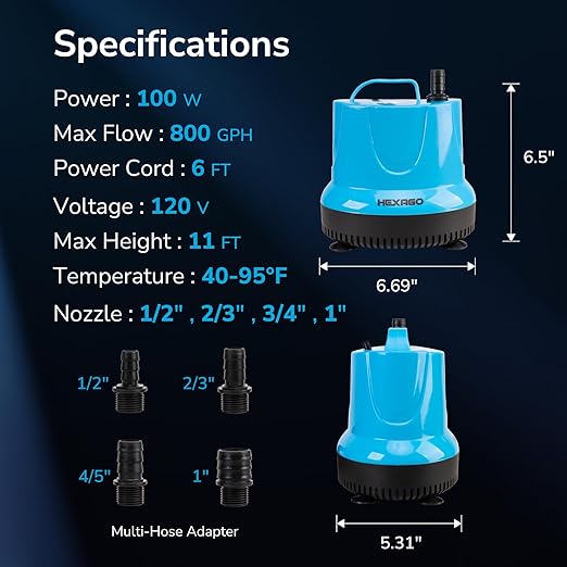 Hexago 800GPH Submersible Water Pump, 100W High Flow Sump Pump with 11FT Max Lift, Quiet Pond Pump for Waterfall, Outdoor Fountain, Hydroponics, Aquarium, Fish Tank