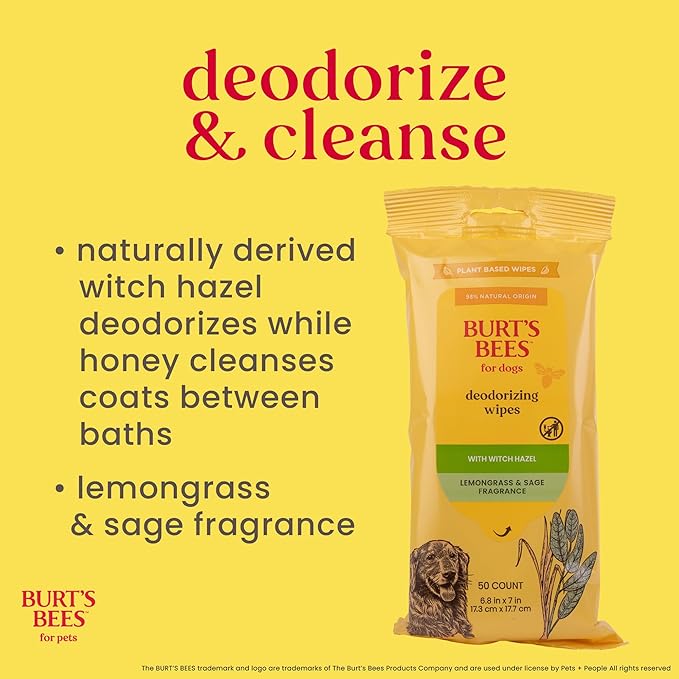 Burt’s Bees for Pets Deodorizing Wipes with Witch Hazel - 95% Natural Origin Odor Control Wipes, Gentle Deodorizing Formula That Refreshes Dog Coat, Daily Use, 50 Count
