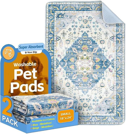 Washable Pee Pads for Dogs, 2 Pack Reusable Puppy Training Pads 24"x18" Super Absorbent Waterproof Dog Training Pads, Non-Slip Potty Pads, Whelping Pads Litter Mat Blue Medallion