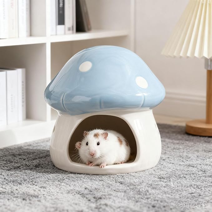 Ceramic Hamster House Hamster Hide Bed Cartoon Indoor Mushroom Shaped Cave Guinea Pig Hideout for Rats Small Pets Accessories, Blue
