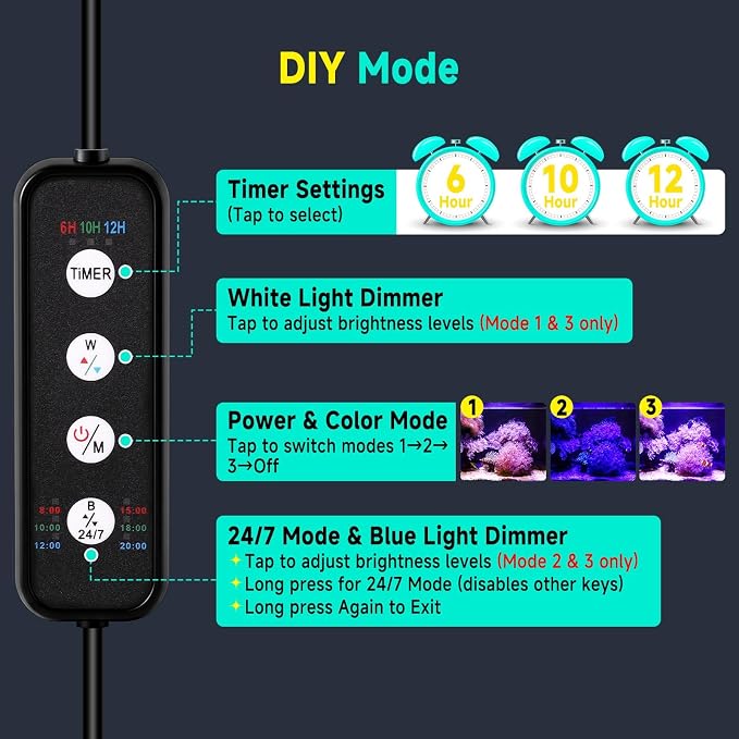 fishkeeper Saltwater Aquarium Light for 5-10 Gallon, 24/7 Reef LED Light | Adjustable Color/Brightness/Timer, 8W Clip On Aquarium Light for Coral Marine Tank, Memory Function