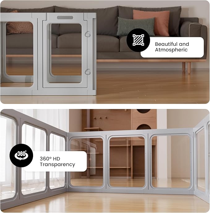 Clear Acrylic Dog Playpen - 33.4 x 33.4 Inch, 24" H 8 Planes Transparent Dog Fence Indoor, Sturdy Pet Pen for Puppy/Small Dog/Rabbit/Pig, Easy Assemble & Cleaning Plastic Whelping Box Enclosure, Grey