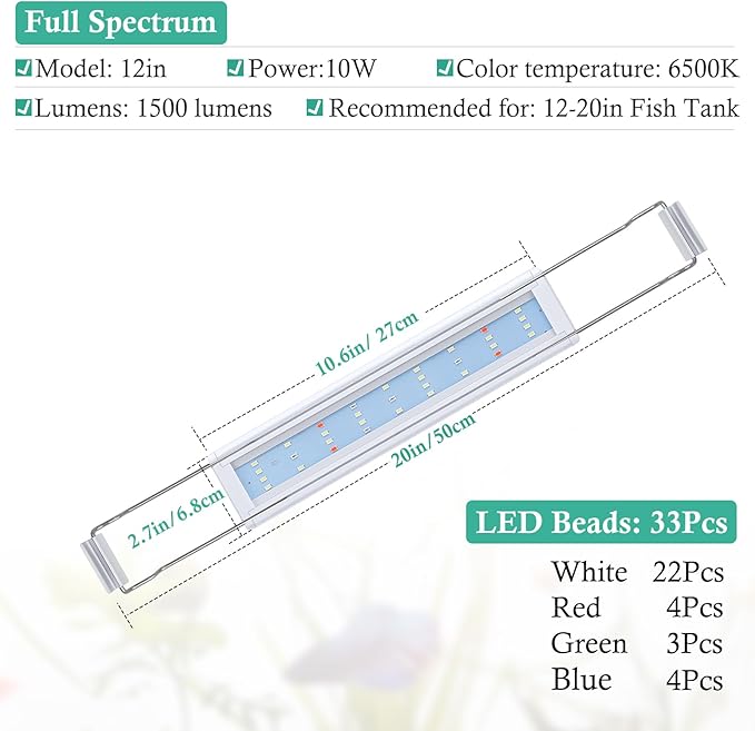 HITOP Full Spectrum LED Aquarium Light – 12” 16” 24” 32” Classic Fish Tank Light with RGB LEDs, with Timer and Stable Extendable Brackets (12-20in)