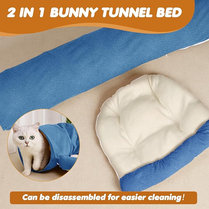Spardar Bunny Tunnel Bed, 2-in-1 Collapsible Tunnel Tubes Toys, Washable, with Removable Mat Hideout, Interactive Toys for Rabbits Chinchilla Hedgehog Guinea Pigs Kitty, Blue