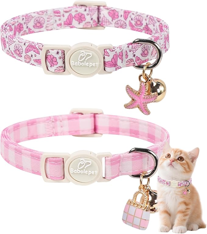 2 Pack Pink Cat Collars - Summer Breakaway Girl Cat Collars, Adjustable Kitten Safety Collar for Small Dogs Puppy, Cute Plaid & Mermaid Pet Collar with Bell & Pendant