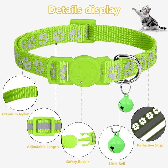 Taglory Kitten Collar Breakaway with Bell, Reflective Soft Cat Collar for Small Kittens, Adjustable 6-8 Inch High Visibility Night Strip, Lightweight for 2-6 Months Baby Cats, 2 Pack, Green