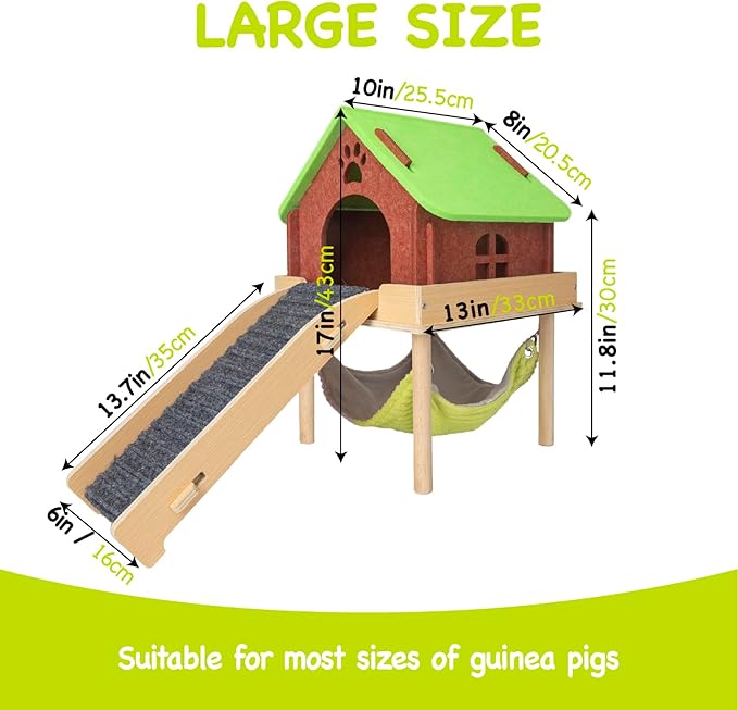 BESNEW 3 in 1 Enlarged Guinea Pig Hammock,Wooden Guinea Pig Hideout with House & Platform & Stairs Small Animal Toys for Hiding Sleeping Activities
