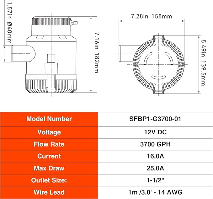 SEAFLO 01 Series 3700 GPH Bilge Pump – 12V, 1-1/2" Outlet, Marine Submersible Pump with Anti-Airlock Protection, CE & Rohs Certified, 4-Year Warranty | Reliable for Boats and Marine Applications