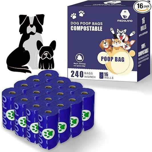 Compostable Dog Poop Bags BPI Certified Biodegradable Pet Waste Bags Leak-Proof Thickened and Opaque Eco Design (16 rolls 240 bags)