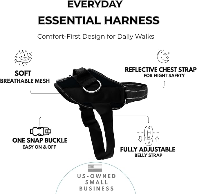 ShawnCo Essential Dog Harness, No-Pull Pet Vest with 3 Leash Clips, No Choke, Reflective, Adjustable and Padded, for Easy Walking and Training for Small, Medium and Large Dogs (Midnight, XS)