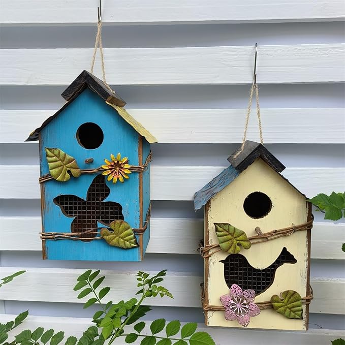 Wood Bird House for Outside, 10" H Hanging Bird House with Waterproof Metal Roof, Vintage Rustic Decorative Birdhouse Wooden Bird Nest Box for Outdoor Garden Yard Decorations (Blue)