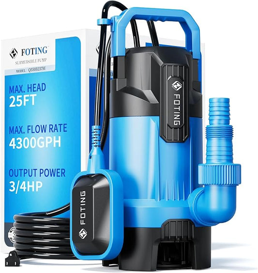 FOTING 3/4HP Sump Pump, 4300GPH High Flow Clean&Dirty Submersible Water Pump with Float Switch, Thermoplastic Electric Portable Utility Pump for Pool Draining Hot Tub Garden Basement