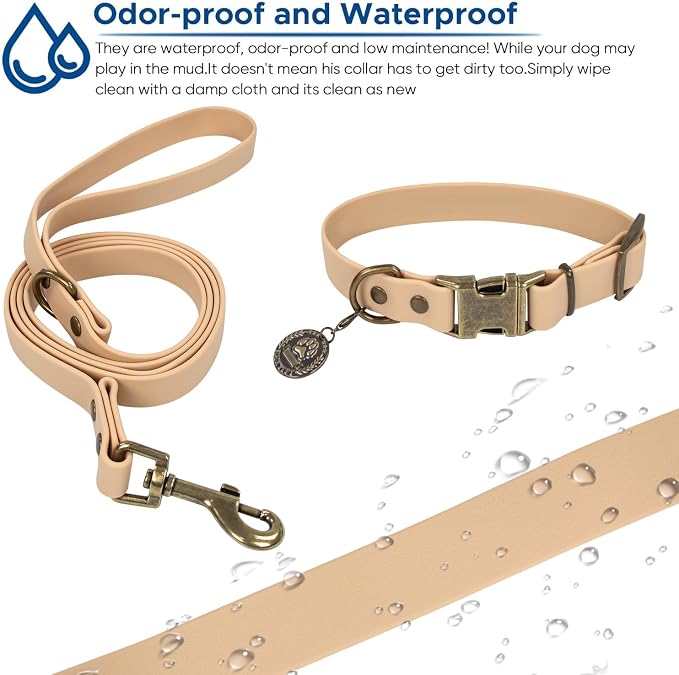 Wisedog Waterproof Dog Collar and Leash Set, L, Sand Color | Adjustable Puppy Collar, Cute Tag, 5FT Leash, Includes Poop Bag, For Small Medium Large Dogs
