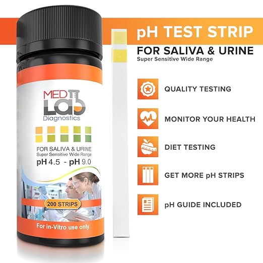 Med Lab 200 pH Test Strips 4.5–9.0 for Urine and Saliva Body pH Testing | Urinalysis Reagent Body Ph Test Strips for Acidity and Alkalinity. Alkaline Diet Food and Acid pH Testing