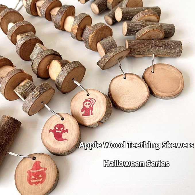 3pcs Small Animal Chews Toy,Natural Apple Wood,Block Cage Hanging Molars Treats Snack for Hamsters Rabbits Bird Chinchilla Squirrels for Halloween Holiday (Wooden Long Model)